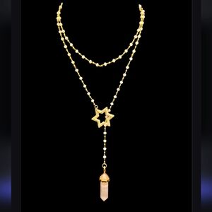 NWT Aviva Stanoff 14K Gold & Rose Quartz Crystal Pendant  Beaded Necklace